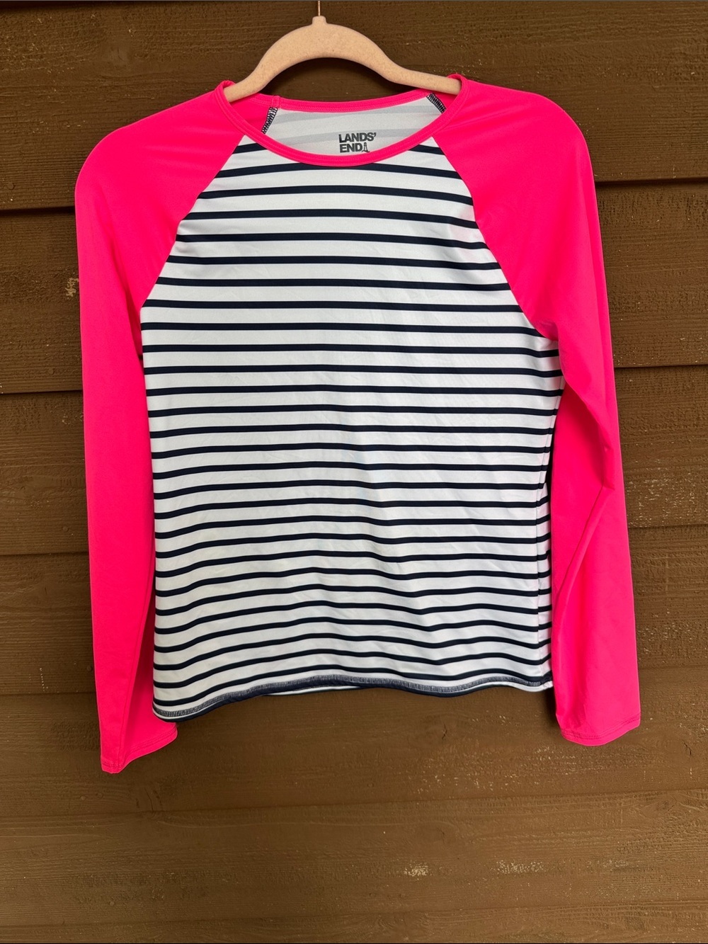 Lands' End Neon Pink Raglan Sleeve Navy-Striped Long Sleeve Tee size 16